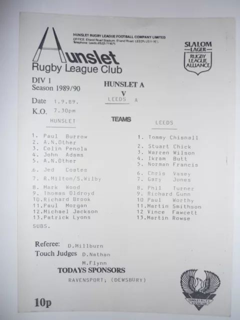 Hunslet A v Leeds A 1st September 1989 Slalom Lager Alliance League Elland Road