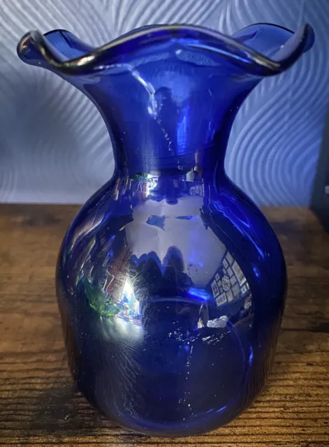 Vintage  Art Glass  Cobalt Blue Ruffled top vase.