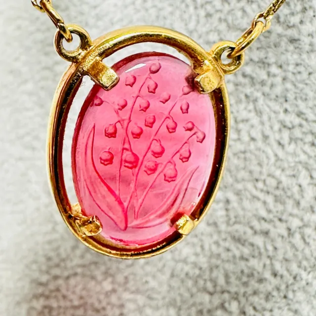 VTG Napier Necklace Pink Glass Lilly of the Valley Carved Intaglio 17" Jewelry