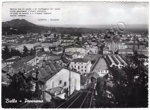 Cartolina di Biella, panorana e citazione di Carducci - 1955