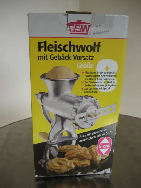 GSW · Fleischwolf mit Gebäck-Vorsatz · Größe 8 · stabile Gusseisen-Ausführung
