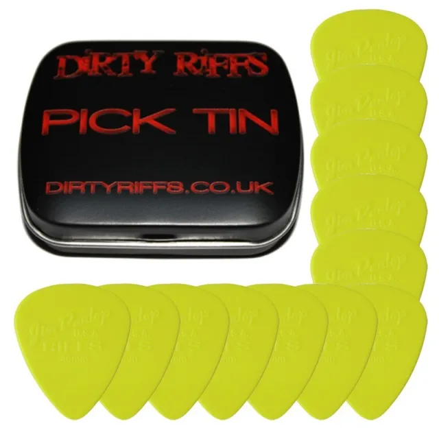 12 x Dunlop Riffs 0.46mm Yellow Nylon Guitar Picks Plectrums In a Handy Pick Tin