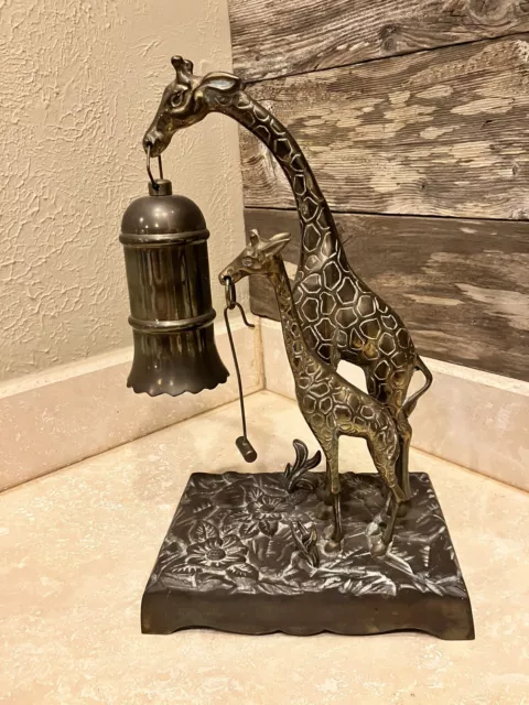 Brass Sculpture of Giraffe Mother and Calf with Bell & Mallet