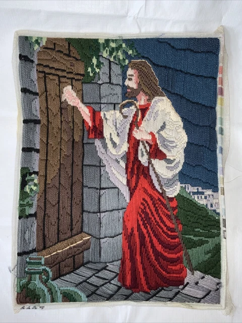 De Colección Jesús Acabado Bordado Crewel Arte de Pared Madera Retro Años 70 Religioso