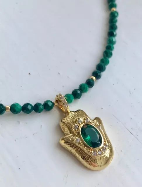 Handmade Natural MALACHITE Gems 3mm Necklace With HAMSA Pendant 18K Gold Plated