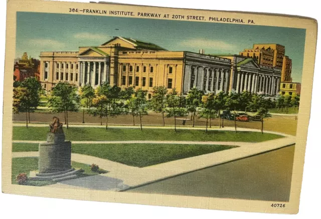 Franklin Institute Parkway Linen Postcard Philadelphia PA 1942 Liberty Stamp