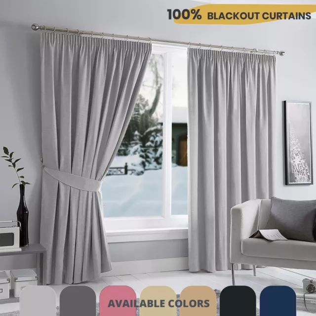 Thermal Thick Blackout Curtains Pencil Pleat Extra Wide Curtain With 2 x Tieback