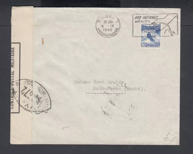 Switzerland 1940 Wwii Censored Cover Base Pro Infirmis Slogan To Malbuisson 