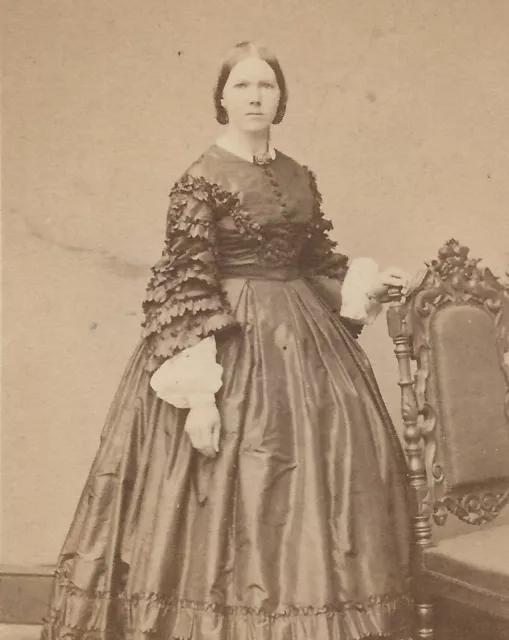 Antique CDV Photo Woman Hoop Dress Ruffled Sleeves Bodice Civil War Era NYC
