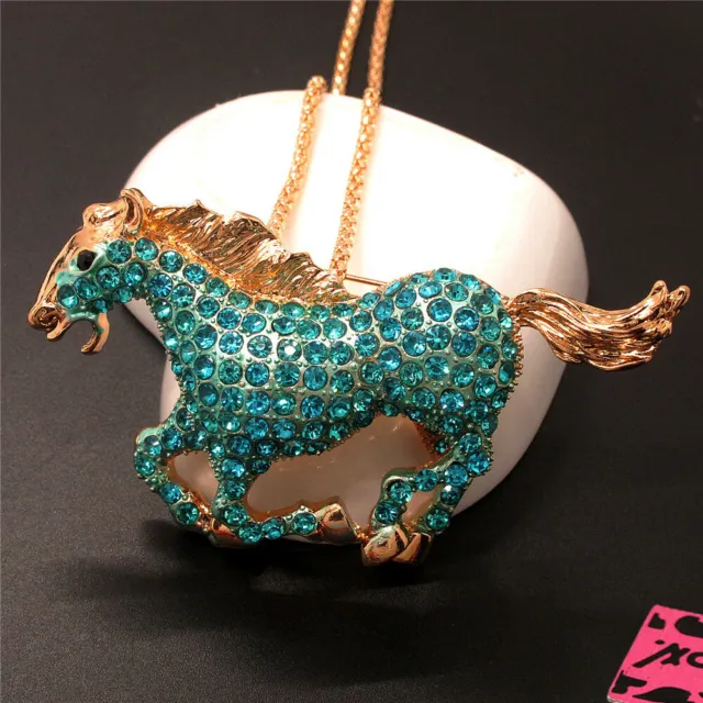 Gifts Betsey Johnson Blue Crystal Bling Horse Animal Women Pendant  Necklace