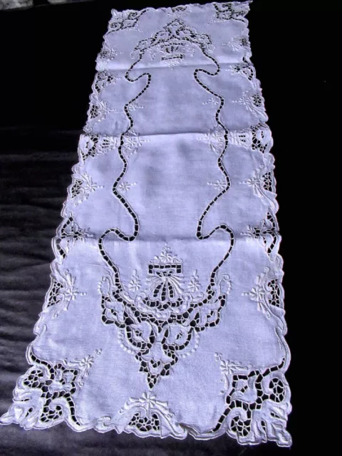 Vintage 40" Table Runner Handmade Cutwork Lace Whitework Embroidery