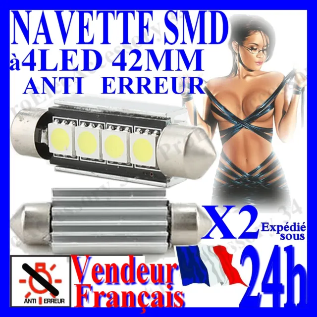 2 x Ampoules 42 mm led 4 smd canbus navette 41mm blanc xenon anti erreur