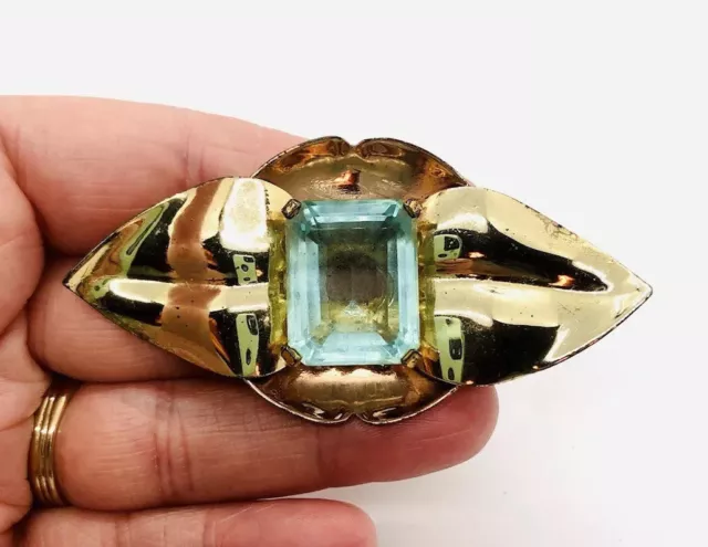 Large Sterling Silver Vermeil Aquamarine Glass Brooch 24gm Vintage Jewelry