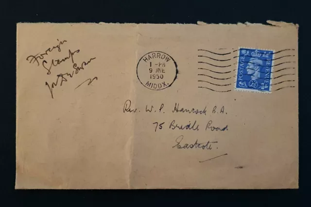 GB GREAT BRITAIN STAMPS KGVI 2 1/2d BLUE ON COVER 1950 HARROW POSTMARK