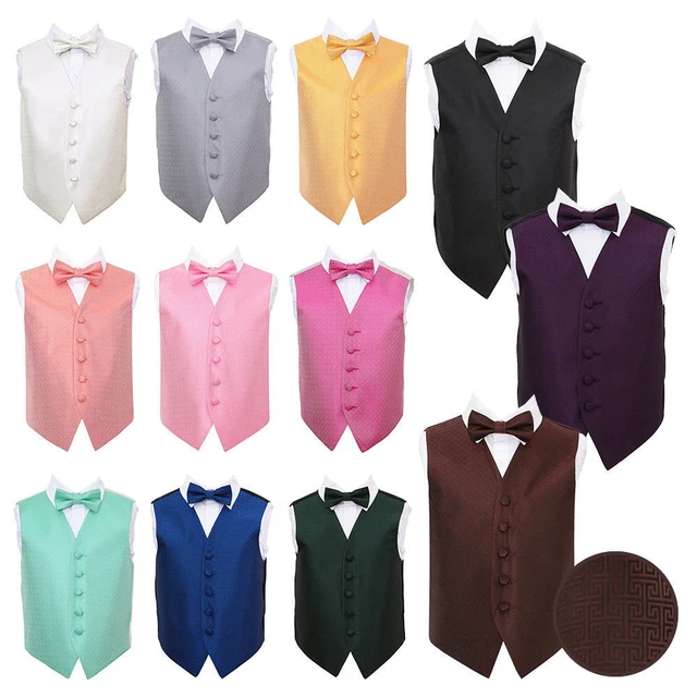 Boys Waistcoat Bow Tie Set Woven Greek Key Geometric Wedding Tuxedo Vest by DQT
