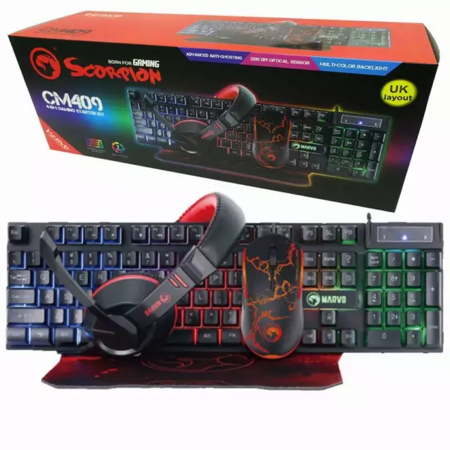 Marvo Scorpion CM409 Rainbow LED USB Gaming Mouse Keyboard Headset and Pad Set