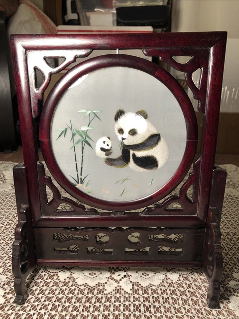 Vintage Chinese Panda & Baby Double Sided Silk Embroidery Wooden Screen & Case