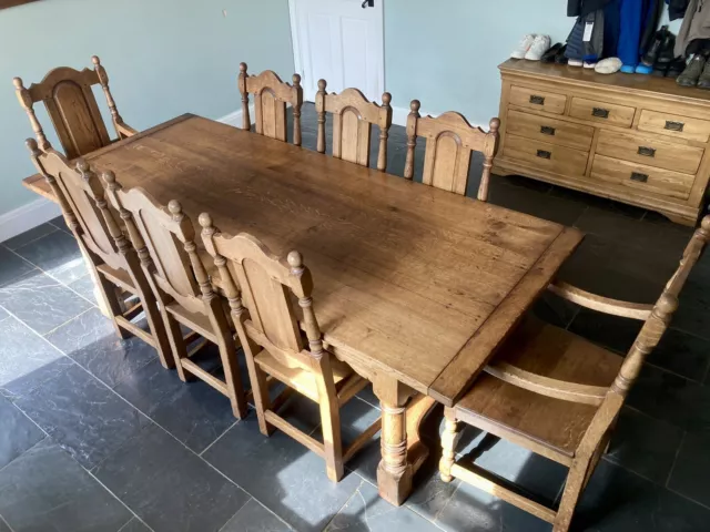 Solid Oak Refectory Kitchen Dining Table and Chairs Antique Reproduction