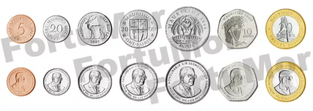 Mauritius Set Of 7 Coins 5 20 50 Cents 1 5 10 20 Rupees, 1999 2012, Unc, Bimetal
