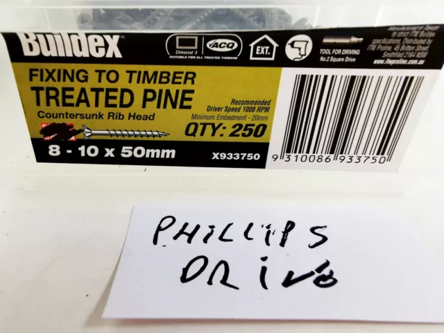 250 Buildex Treated Pine Screws, 8-10 x 50mm, Green Countersunk Ribbed Head(c047