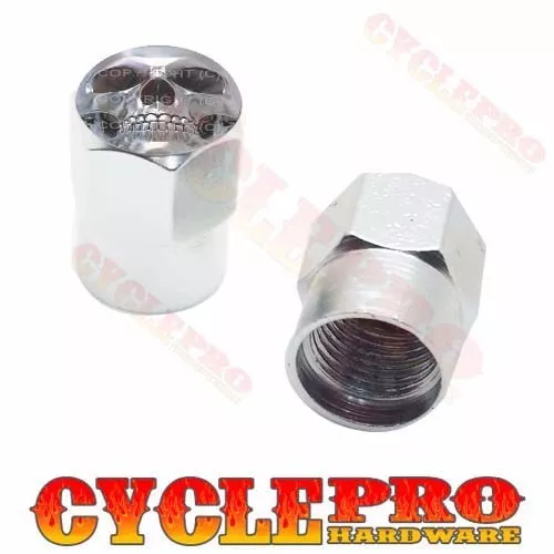 2 Silver Hex - Billet Aluminum Custom Valve Caps for Motorcycle - SKULL FACE G