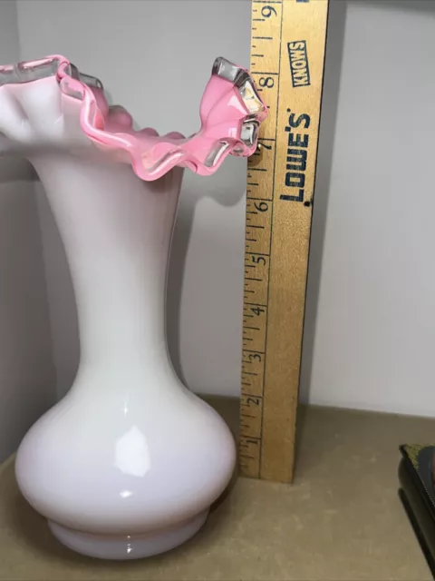 Fenton 1970's Milk Glass Overlay Country Rose Peach Crest Glass Vase Ruffled Rim 3