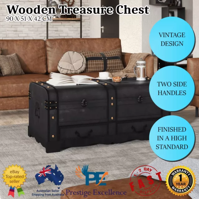 Wooden Treasure Box Storage Chest Vintage Retro Flair Coffee Table Large Black