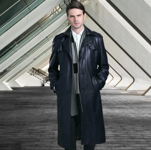 Long Trench Coat Overcoat Men Black Sheepskin Coat Mens Leather Jacket #2
