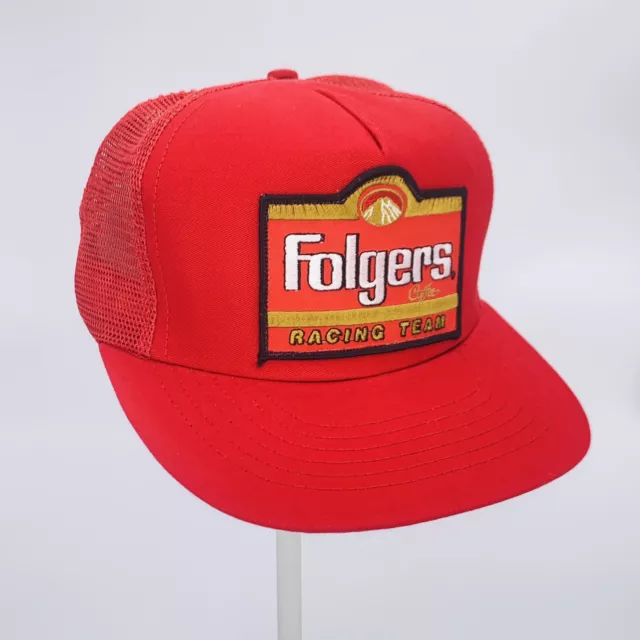 Vintage 80s NACAR Folgers Coffee Racing Team Patch Mesh Trucker Snapback Hat Cap