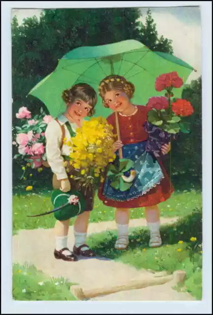W6H68/ Kinder mit Blumen und Schirm schöne AK ca.1925