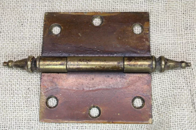 2 Old Door Hinges 3 3/8 X 3 1/2” Steeple Top Pin Vintage Smooth Brass on Steel 3