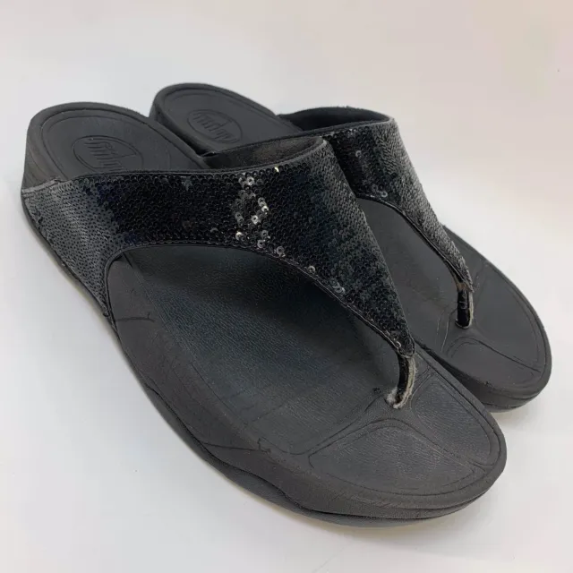 FitFlop Electra Sequin Thong Flip Flops Sandals Black Wedge Women’s Sz 7 (A20)