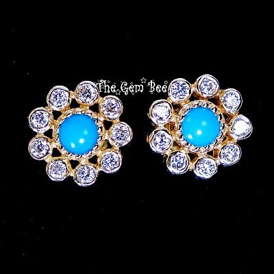 14k Yellow Gold Sleeping Beauty Turquoise Diamond Halo Flower Ear Stud Earrings