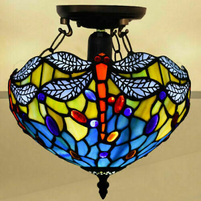 Tiffany Blue Dragonfly Ceiling Lamp 10 inch Stained Glass Shade Antique Style