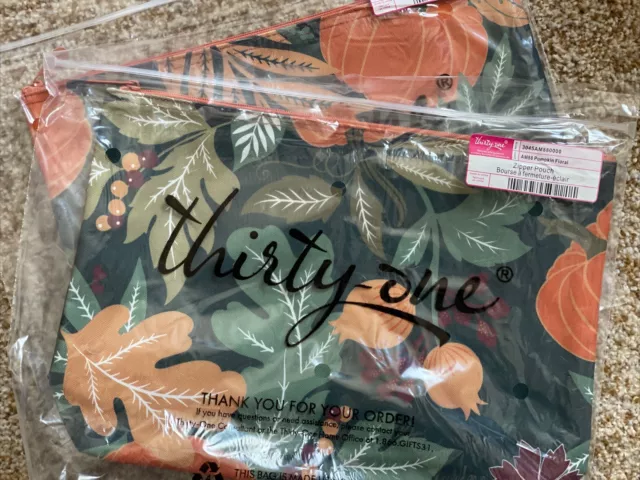 Lot Of 2 Thirty One  Zipper Pouch Bag Organizer - Pumpkin Floral -NIP