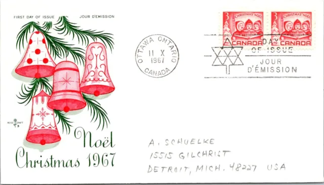 Canada 1967 FDC Christmas Cover, Noel - Ottawa, Ont - Pair - F76723