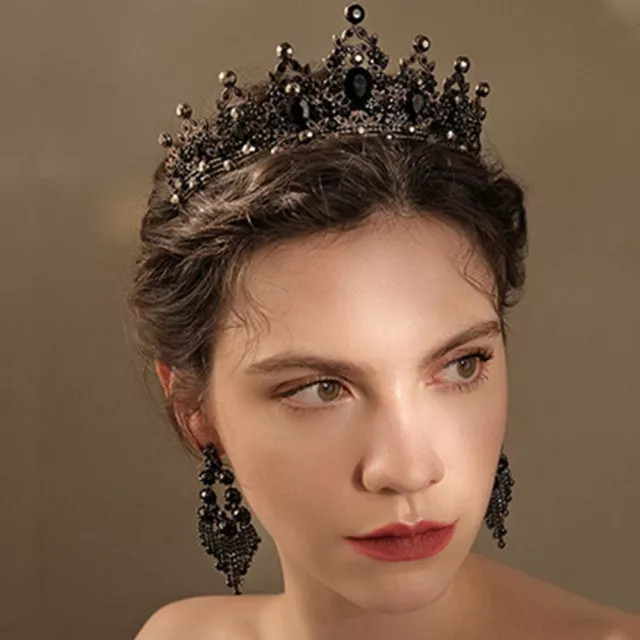 Women Hair Hoop Baroque Crystal Tiara Black Rhinestone Crown Bridal Crowns