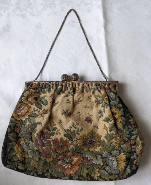 Vintage Floral Tapestry Bag/Purse - 40's/50's,Black,Cream,Multi,Goldtone,Chain