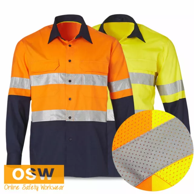 Hi Vis Cotton Ripstop Mesh Vent Perforated Tape Long Sleeve Safety Work Shirt