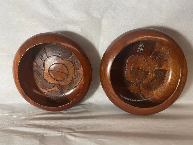 Vintage Pair Of Hand Carved Wooden Decorative Flower Floral Bowls