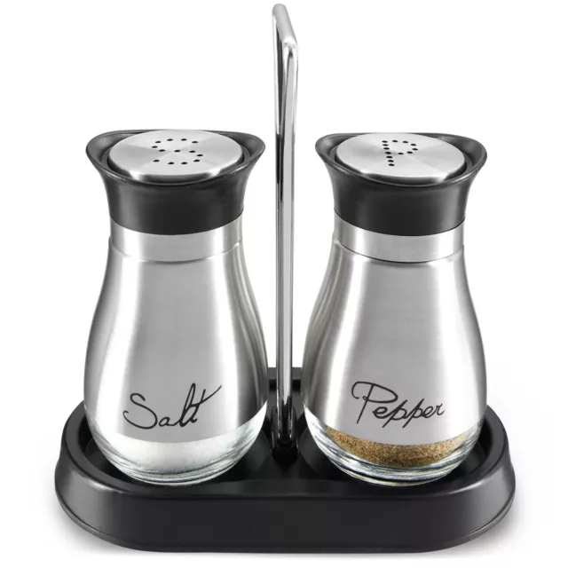 3 Piece Stainless Steel Salt and Pepper Shakers Set with Holder (4 oz)