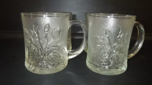 Vintage Clear Glass Coffee Mugs, Pressed Glass Mugs, Set of Four, Floral  Design, Pasari Indonesia 