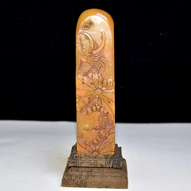 Chinese Exquisite Handmade Lotus Crane carving Shoushan Stone Statue Seal