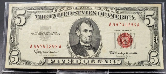 1963 $5 Red Seal Legal Tender Note US Currency VF Very Fine Circ Bill