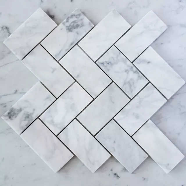 Carrara Marble Herringbone Large Mosaic Tiles (Sheet)