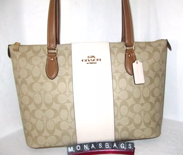 Coach CR121 Light khaki Signature Chalk Saddle Leather Gallery Tote Bag NWT $378