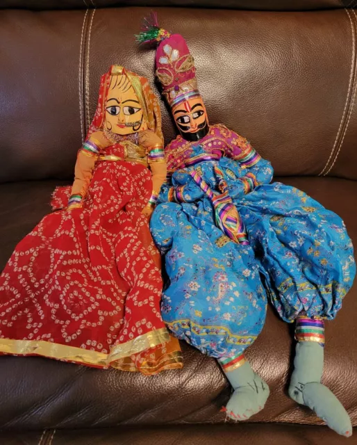 Vintage Pair Indian Dolls Indian Puppets Wood Carved Ethnic Dolls in Rajasthan 