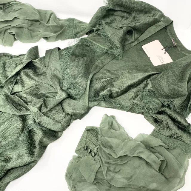 BNWT AGENT PROVOCATEUR Sage Silk Wrap Midi Dress Green Ruffles Lace AP ...