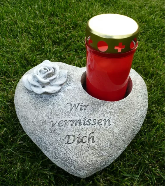 Grabschmuck Deko Herz mit Rose *Ausschnitt für Grabkerze* grau antik 19 x 17 cm