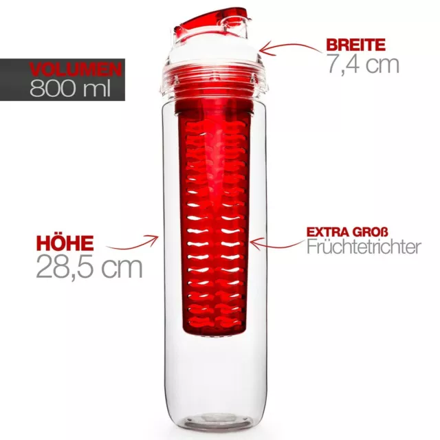 Trinkflasche Sport Fitness Flasche Wasserflasche 800ml mit Infuser Fruchteinsatz 2